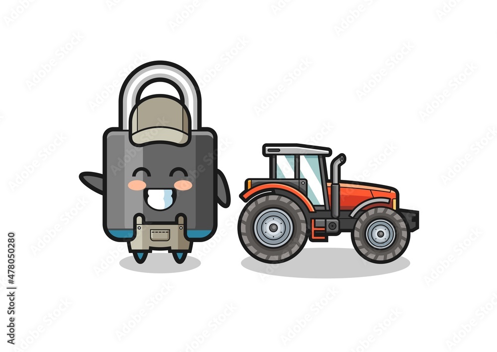 the padlock farmer mascot standing beside a tractor the padlock farmer mascot standing beside a tractor