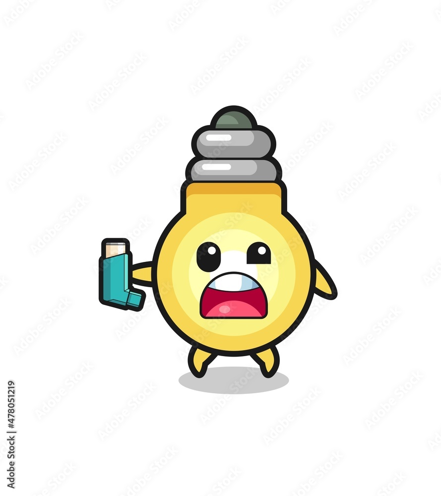 light bulb mascot having asthma while holding the inhaler