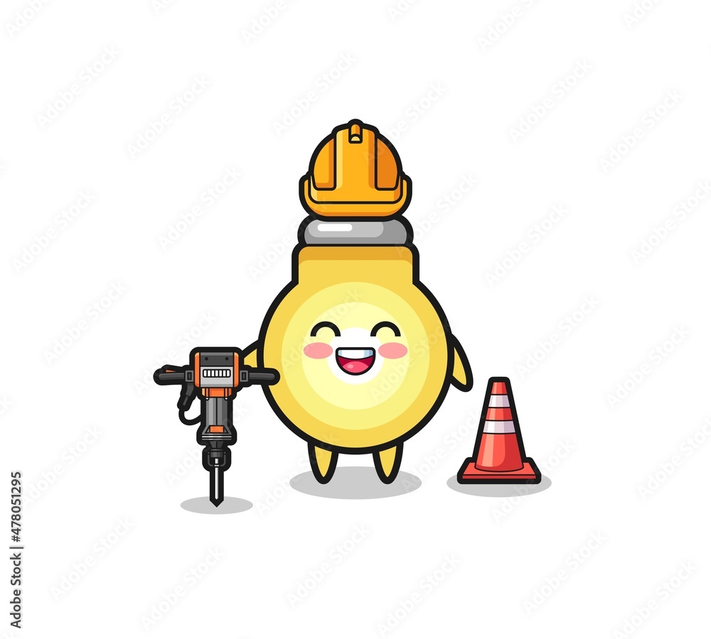 Fototapeta premium road worker mascot of light bulb holding drill machine
