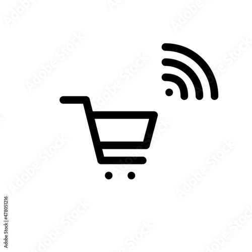 Shopping cart with wifi symbol. Internet of things, smart devices and online retail. Pixel perfect, editable stroke icon