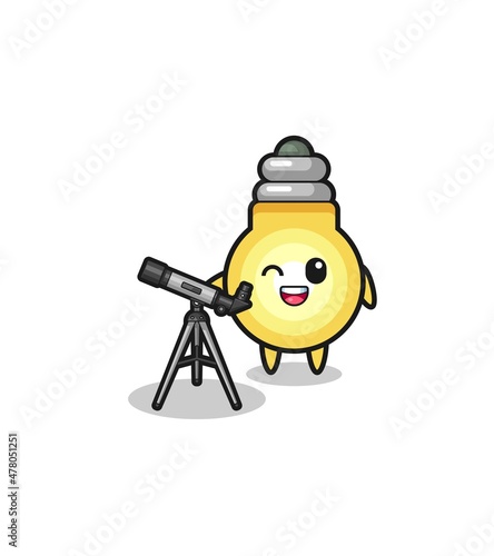 light bulb astronomer mascot with a modern telescope