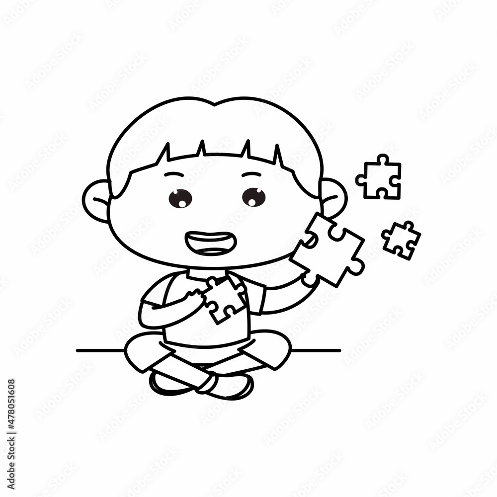 Cute little boy playing jigsaw puzzle. Sit playing. Coloring book. Cartoon vector illustration
Cute little boy playing jigsaw puzzle. Sit playing. Coloring book. Cartoon vector illustration