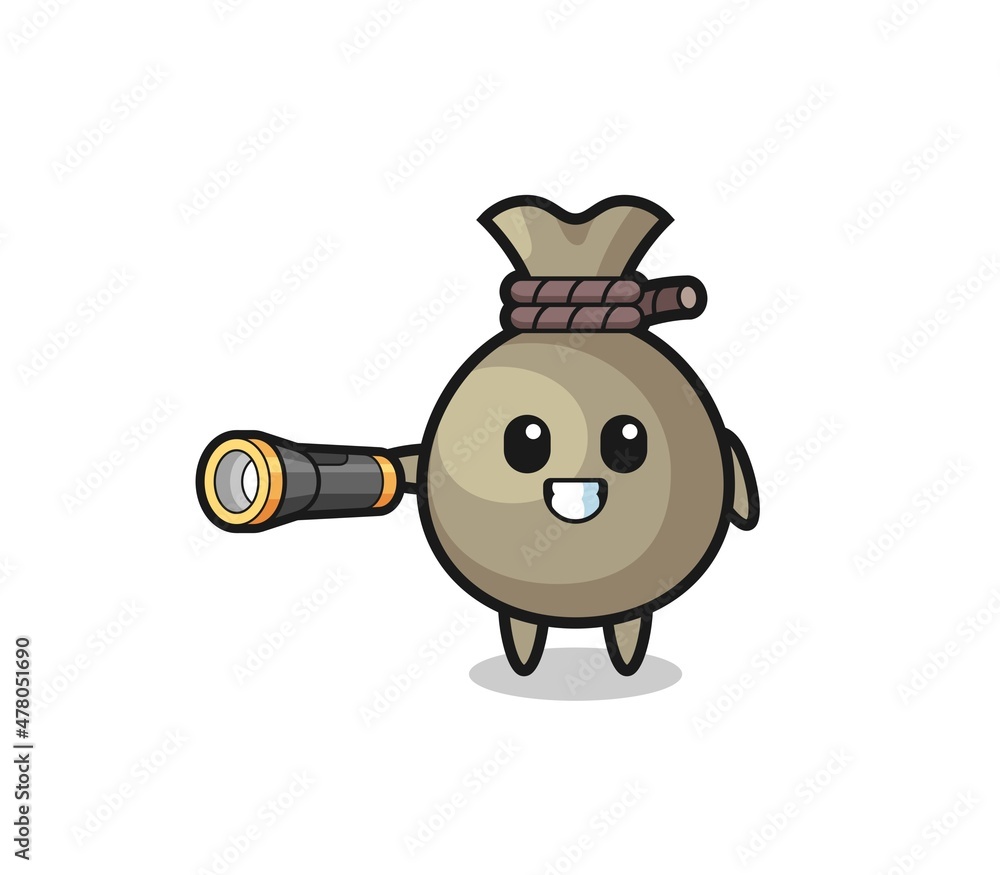 money sack mascot holding flashlight money sack mascot holding flashlight