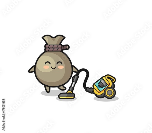 cute money sack holding vacuum cleaner illustration