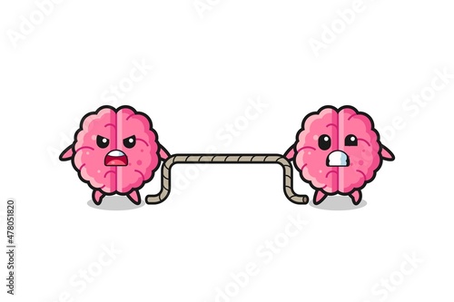 cute brain character is playing tug of war game