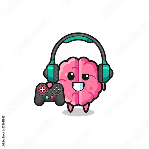 brain gamer mascot holding a game controller