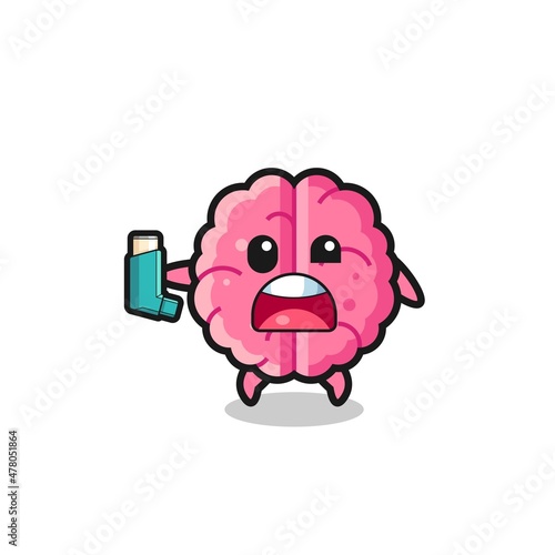 brain mascot having asthma while holding the inhaler