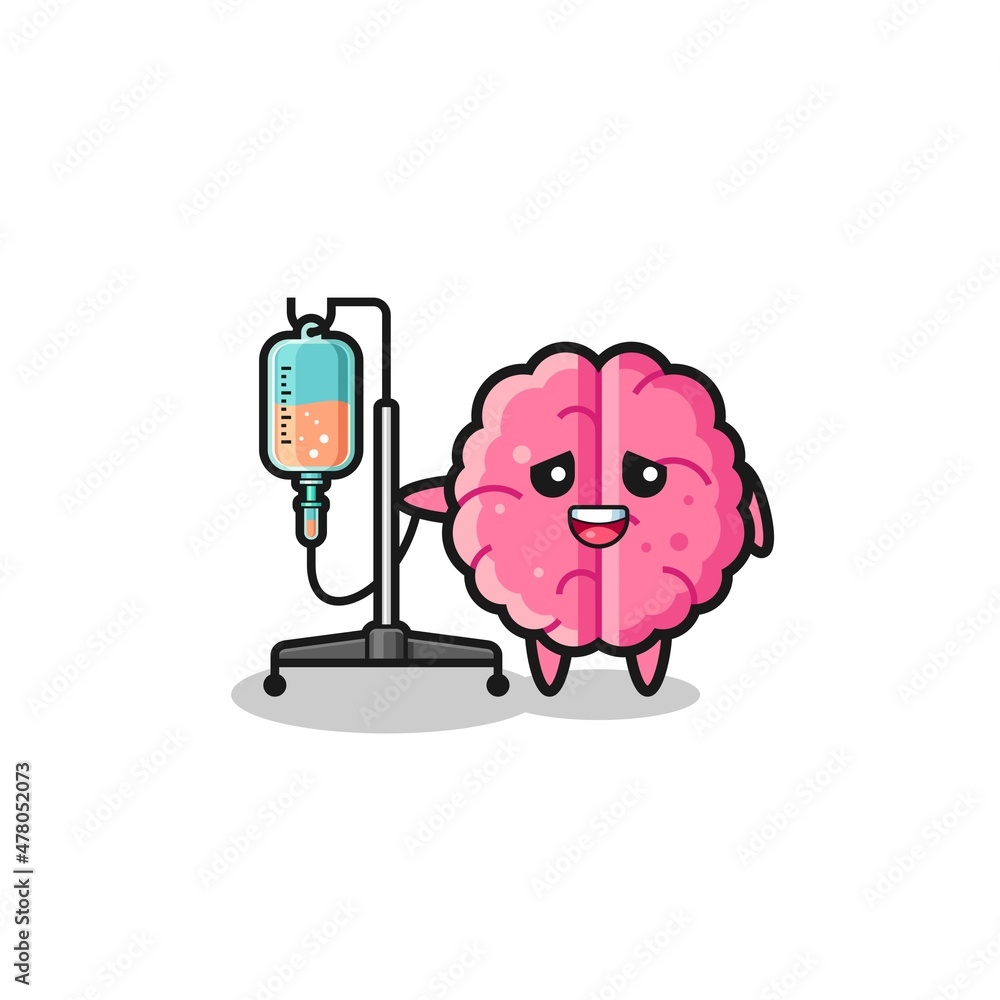 cute brain character standing with infusion pole