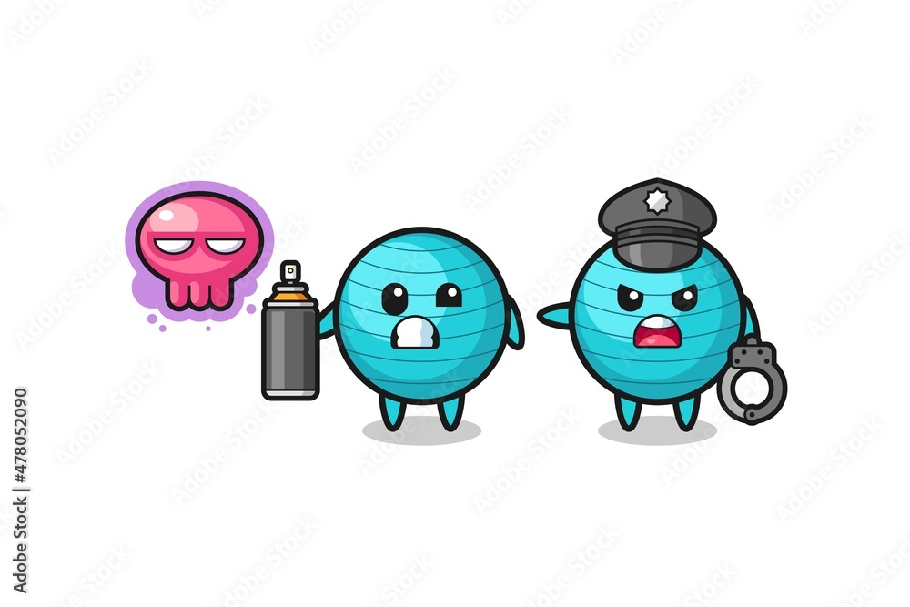 exercise ball cartoon doing vandalism and caught by the police