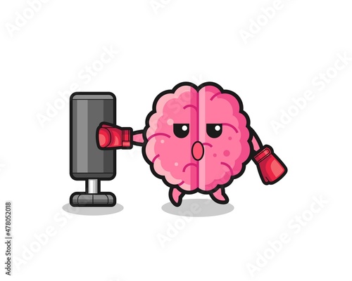brain boxer cartoon doing training with punching bag