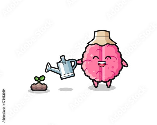 cute brain is watering plant seeds