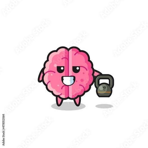 brain mascot lifting kettlebell in the gym