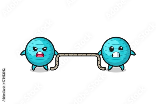 cute exercise ball character is playing tug of war game