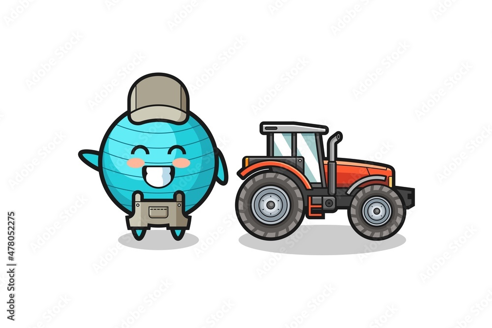 the exercise ball farmer mascot standing beside a tractor the exercise ball farmer mascot standing beside a tractor