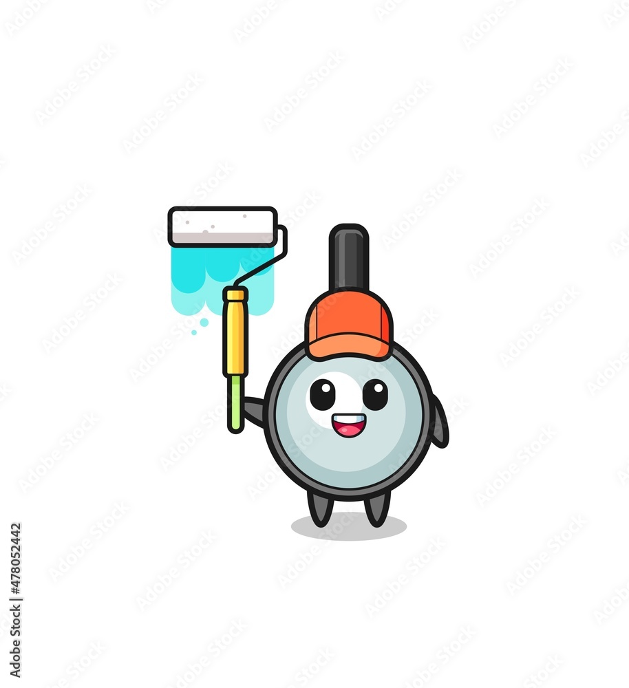 the magnifying glass painter mascot with a paint roller