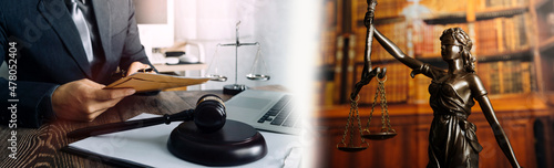 Law firm office, Selective focus judges gavel, businesswoman or female lawyer making contract paper with law book, scales of justice, document legal, justice advice service concept.