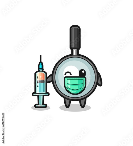 magnifying glass mascot as vaccinator