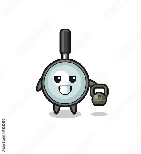 magnifying glass mascot lifting kettlebell in the gym