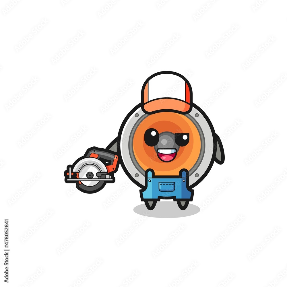 the woodworker loudspeaker mascot holding a circular saw the woodworker loudspeaker mascot holding a circular saw