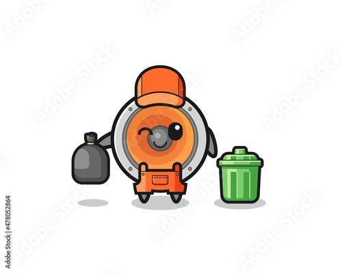 the mascot of cute loudspeaker as garbage collector