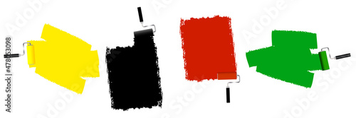 Roller paints the wall. Colored picture. Yellow, black, red, green paints. Repair idea. Vector illustration. Stock image. 