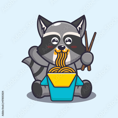 Cute raccoon eating noodle. Cute cartoon animal illustration.