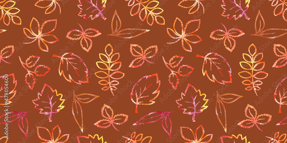 Autumn Watercolor Floral Seamless Patterns with packaging and scrapbooking. colorful yellow, orange, red and purple fall Leave on brown Background