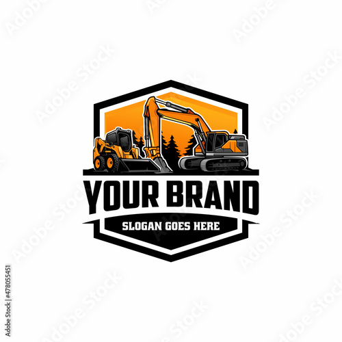 skid steer and excavator, land clearing machine logo vector