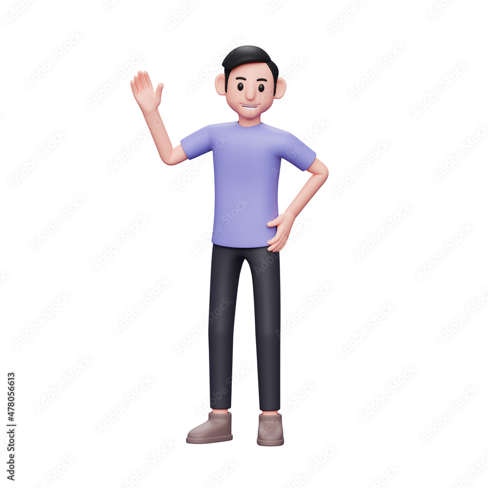 3D illustration of man waving hand and left hand on waist. Casual man saying hello, say hi 3D illustration of man waving hand and left hand on waist. Casual man saying hello, say hi