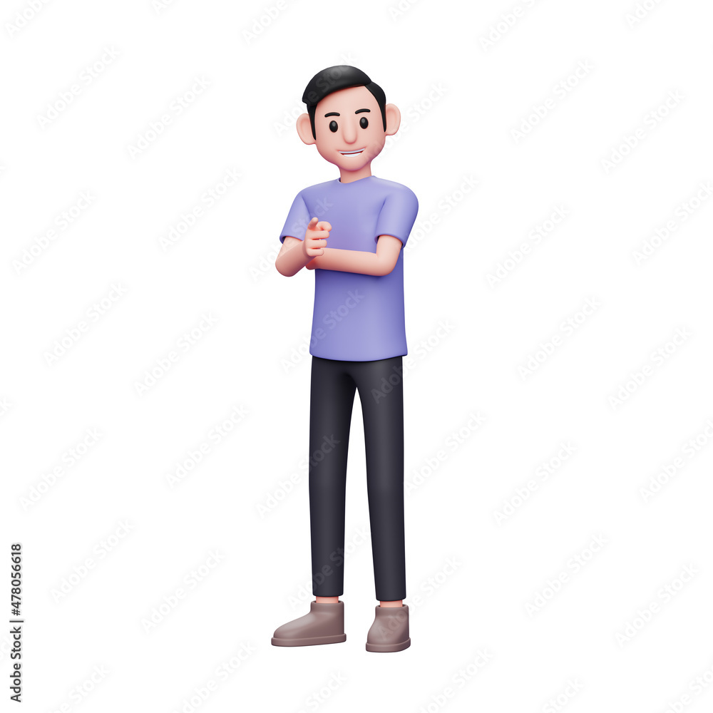 3D character illustration of casual man posing smiling looking at camera and pointing at you 3D character illustration of casual man posing smiling looking at camera and pointing at you