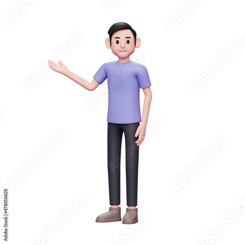 3D character illustration Casual man showing hand to copy space with right hands, or welcoming gesture