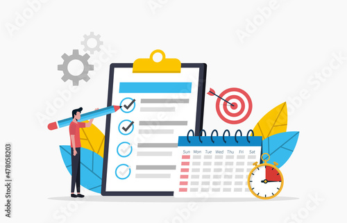 Businessman Character Mark Checklist with Pen. Completion Business Task. Goal Achievements People Planning Schedule Concept. Flat Vector Cartoon Illustration