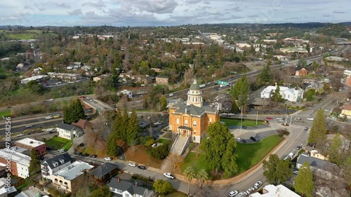 Auburn, California skyline with the historic county courthouse and old town.