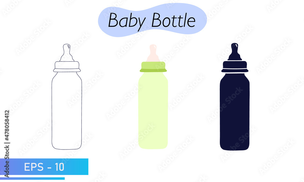 Baby bottle with a pacifier. In color, lines and solid fill. Feeding a newborn baby with a mixture or milk. Child care items. Icons. Vector illustration. Baby bottle with a pacifier. In color, lines and solid fill. Feeding a newborn baby with a mixture or milk. Child care items. Icons. Vector illustration.