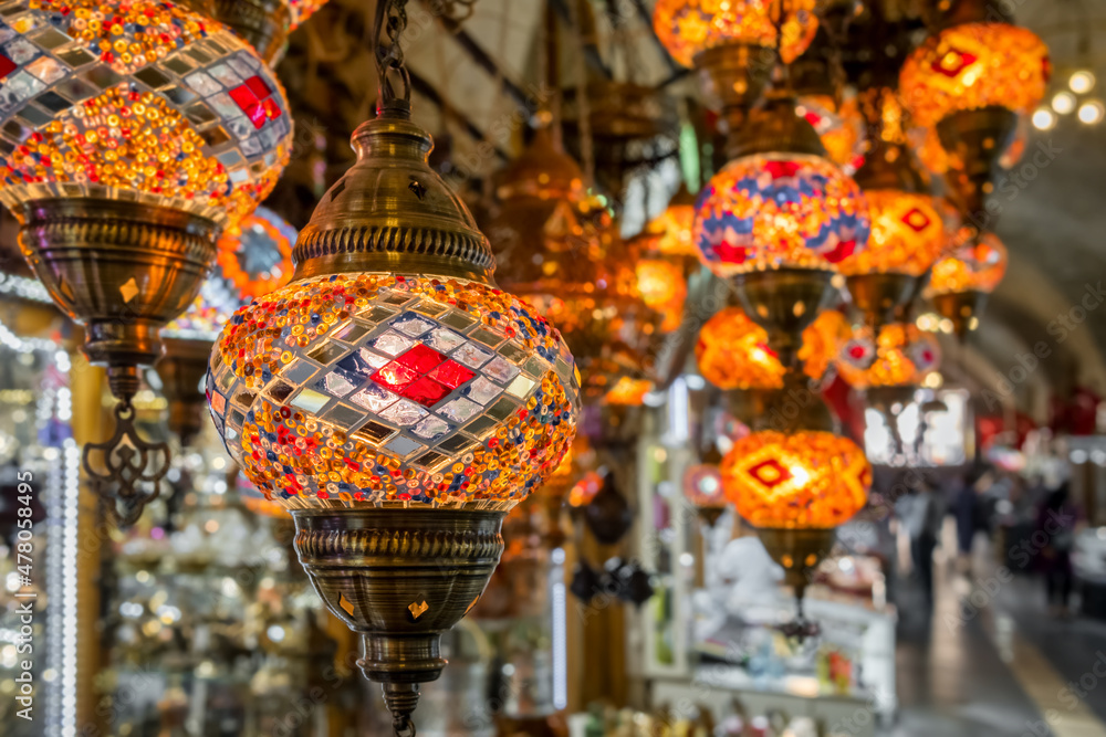 Colorful Turkish glass lamps at traditional Eastern Bazaar in Turkey.