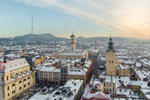Aerial view of Lviv at sunrise, Ukraine