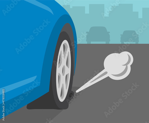 Close-up perspective view of punctured tire. Blue sedan car on the city road. Flat vector illustration template.