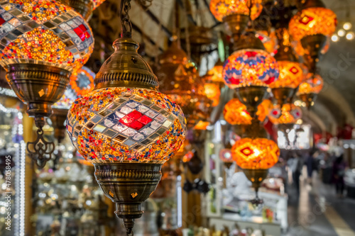 Colorful Turkish glass lamps at traditional Eastern Bazaar in Turkey. © Mazur Travel