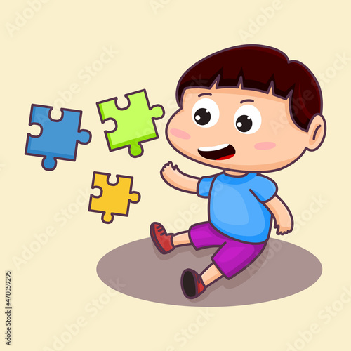 Cute little boy playing jigsaw puzzle. Sit playing. holding a colorful puzzle. Cartoon vector illustration © Sayyid96
