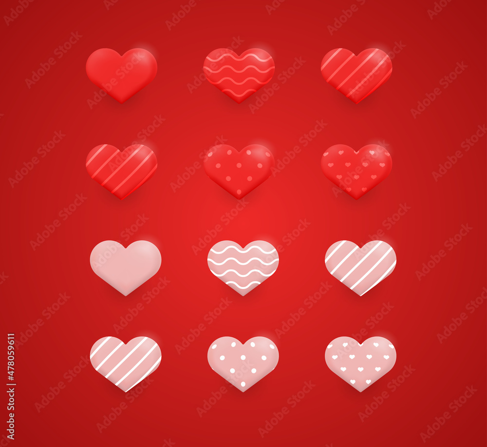 Set of 3d Red Heart. Love symbol isolated on red background. Vector illustration