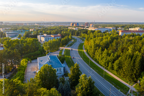 Aerial view of Akademgorodok town near the city of Novosibirsk in summer at sunset