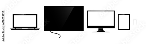 Popular electronic devices like wide lcd monitor tv display television laptop smart phone tablet tab vector black design set.