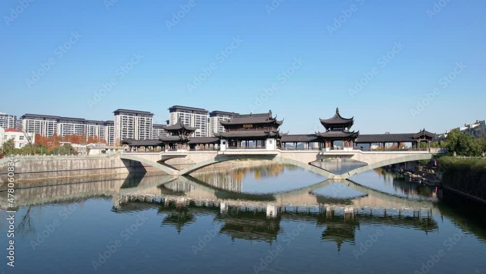 aerial view of lin’an tiaoxi river and old covered bridge aerial view of lin’an tiaoxi river and old covered bridge