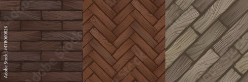 Textures of wood parquet, herringbone and rectangle flooring for game background. Vector cartoon seamless patterns of top view of wooden laminate, old vintage floor surface from timber boards