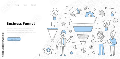 Business funnel website with people team and sales funnel. Vector landing page of internet marketing strategy with doodle illustration of diagram of online customer traffic management
