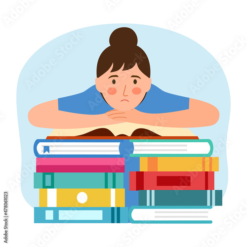 Girl student boring reading in flat design on white background. Boring face with books.