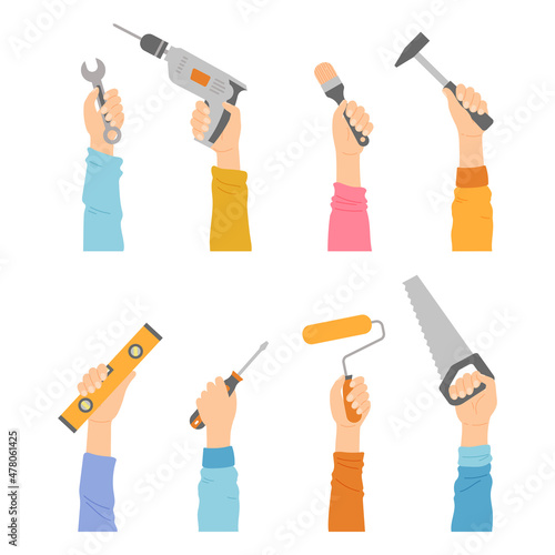 Hands with tools wrench, drill, brush and hammer, level, screwdriver, roller and saw. Human palms hold home repair diy renovation housework instruments isolated on white background, Cartoon vector set