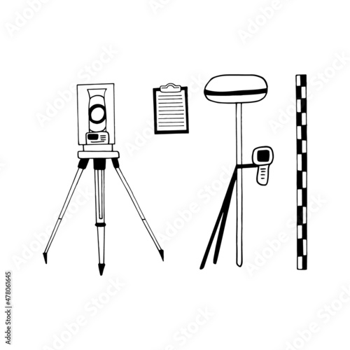 tacheometer, technical level, Total station, leveling staff, tablet, set hand drawn doodle. vector, minimalism, monochrome, nordic, sketch. geodesy, cartography, measurement, construction, survey