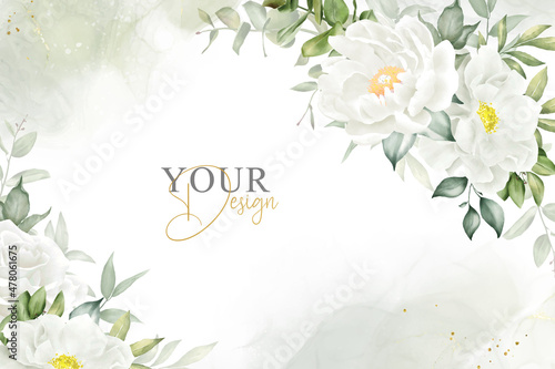 Elegant Watercolor Floral Background Design with Hand Drawn Peony and Leaves