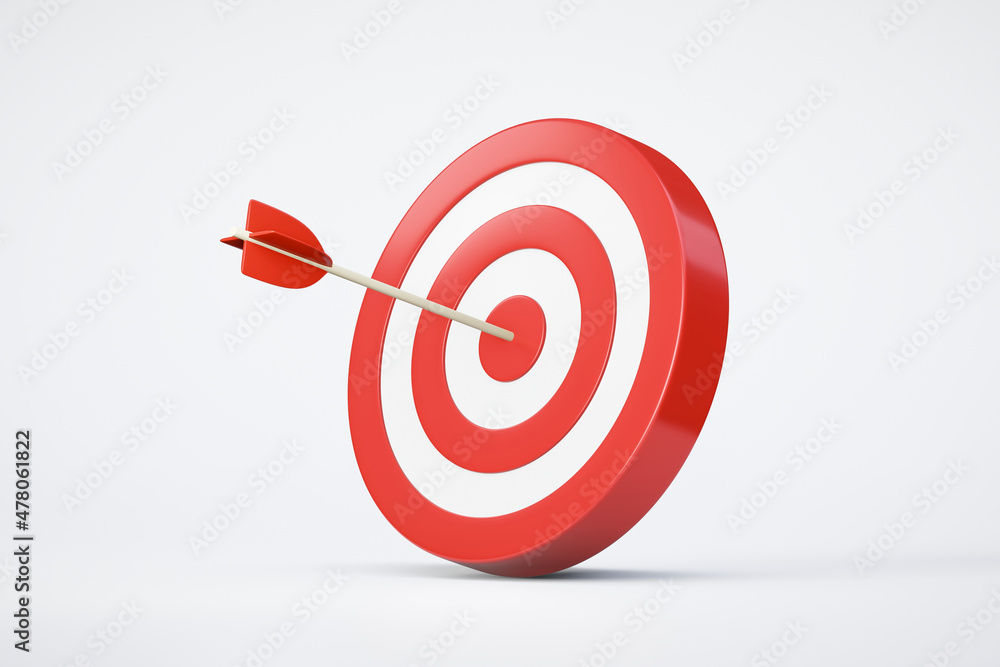 Red arrow aim to business target goal hit success center accuracy competition symbol or strategy dartboard and winner bullseye archery isolated on white 3d background icon with marketing achievement. Red arrow aim to business target goal hit success center accuracy competition symbol or strategy dartboard and winner bullseye archery isolated on white 3d background icon with marketing achievement.